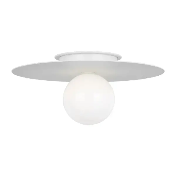 A striking flush mount featuring a milk glass globe set against a metal disc in matte white. The minimal profile and designer pedigree make it ideal for modern spaces with lower ceilings.