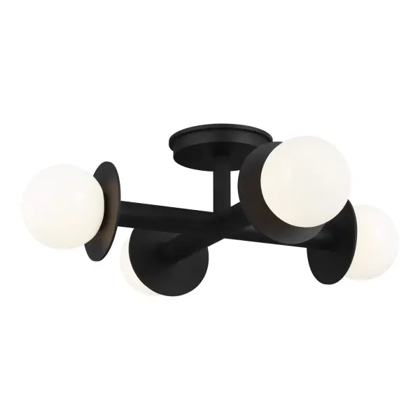 Kelly Wearstler's Nodes collection delivers sophisticated simplicity with milk glass globes against metal discs. The flush mount profile works beautifully in spaces with lower ceilings while maintaining visual impact.