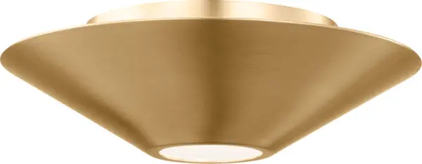 The Echo Small Flush Mount offers dual functionality as both a ceiling fixture and wall sconce. Its compact size and warm burnished brass finish make it ideal for smaller spaces requiring ambient lighting with contemporary style.