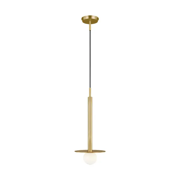 Kelly Wearstler's Nodes pendant combines minimal form with bold materiality. The milk glass globe against a burnished brass disc creates striking visual contrast while providing focused task lighting.