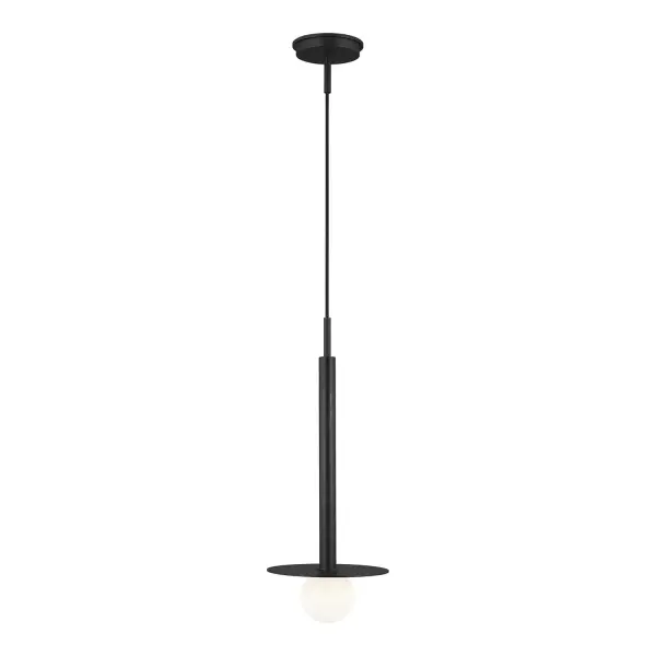 Kelly Wearstler's Nodes pendant combines minimalist form with bold materiality. The milk glass globe set against a midnight black metal disc creates striking visual contrast while providing warm, diffused task lighting.