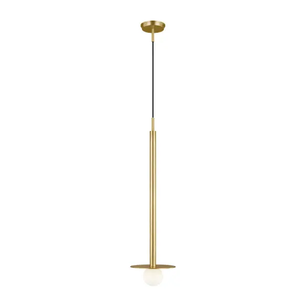 A sculptural mini pendant featuring a milk glass globe set against a burnished brass disc. The minimalist design with mixed materials creates visual interest while providing focused task lighting.