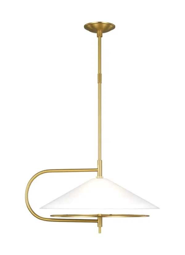 Kelly Wearstler's Gesture pendant masterfully balances organic curves with geometric precision. The distinctive C-arm hook and perforated diffuser create even, gentle illumination while making a bold design statement.