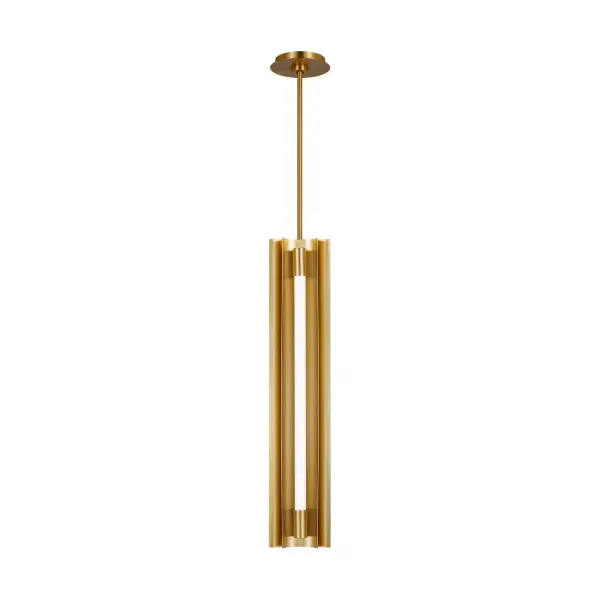 A minimalist pendant by renowned designer Kelly Wearstler that combines architectural form with integrated LED technology. The extruded metal bar design in warm Burnished Brass delivers focused illumination ideal for task areas and modern interiors.