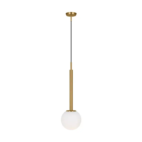 A striking pendant that balances minimal form with bold presence. The milk glass globe paired with a burnished brass disc creates sophisticated contrast, while the modular design allows customization by removing the disc for a cleaner look.