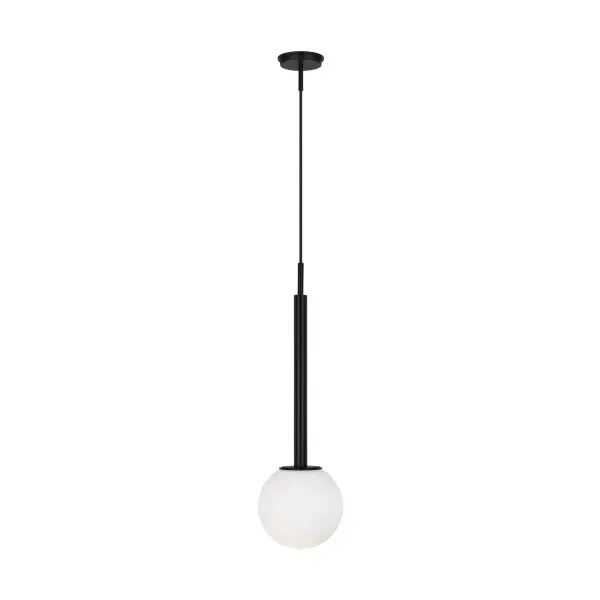 Kelly Wearstler's Nodes pendant masterfully balances minimalist form with bold presence. The milk glass globe against a midnight black metal disc creates striking visual contrast while providing warm, diffused light.