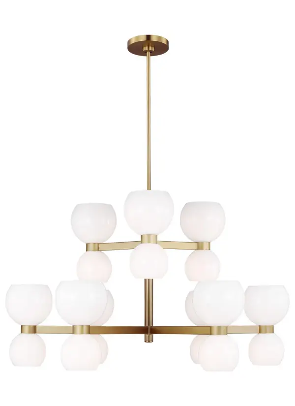 The Londyn chandelier brings kate spade new york's signature playful sophistication to lighting with its geometric arrangement of 18 milk white glass globes in two sizes. The burnished brass finish and clean rectangular metal rods create visual interest while maintaining mid-century elegance.