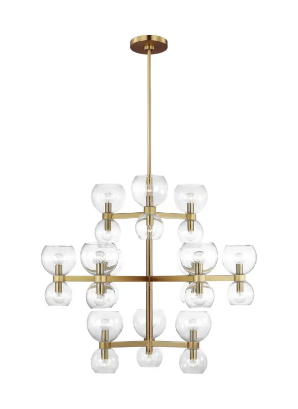 The Londyn chandelier brings Kate Spade's signature playful sophistication to lighting with 24 blown glass globes in two sizes arranged geometrically on metal rods. The burnished brass finish and clear glass create visual interest without overwhelming.