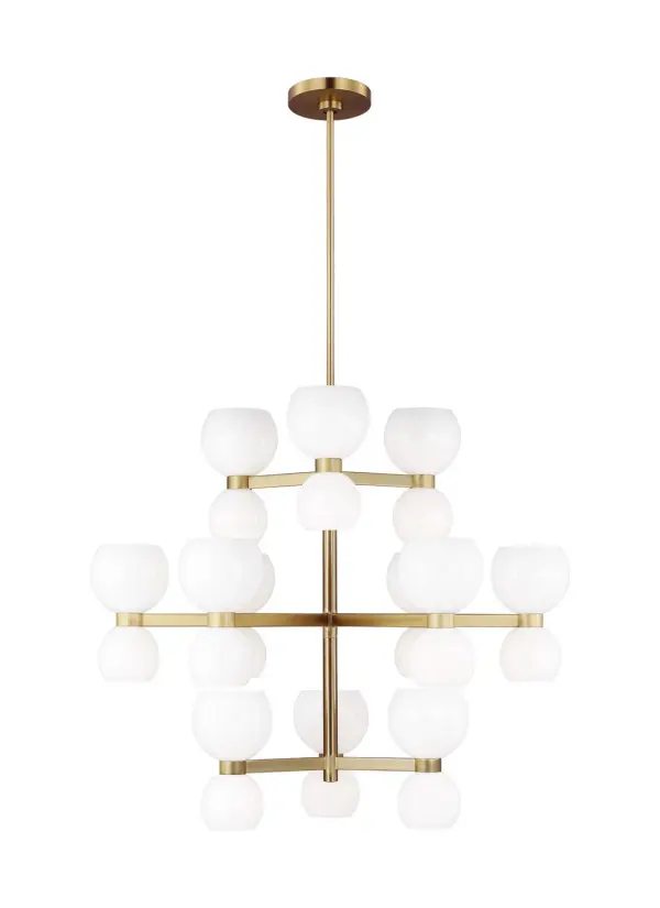 The Londyn chandelier brings kate spade new york's signature playful sophistication to lighting with 24 blown glass globes in two sizes arranged geometrically on burnished brass rods. Perfect for making a bold statement over dining tables or kitchen islands.