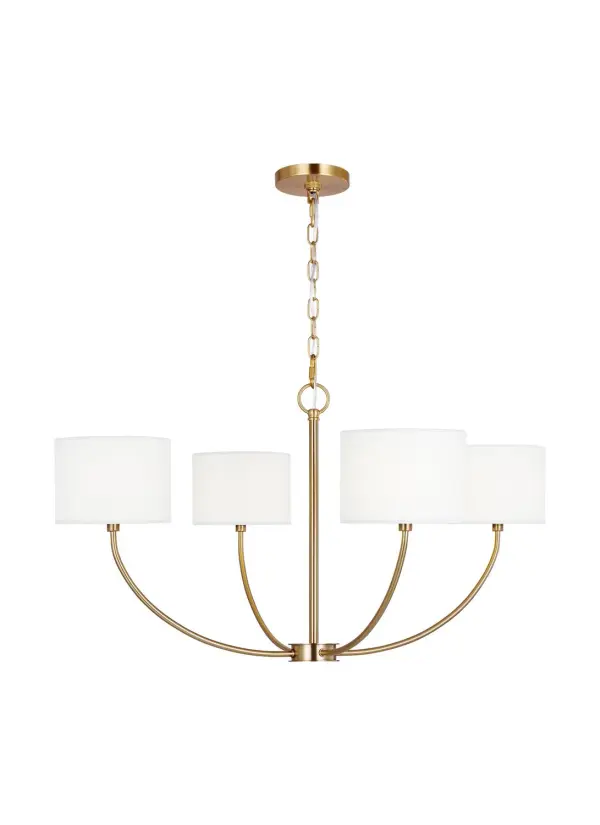 The Sawyer chandelier brings whimsical sophistication with its arched silhouette and graphically taped shades. The burnished brass finish adds warmth while the geometric design makes a bold statement without overwhelming the space.