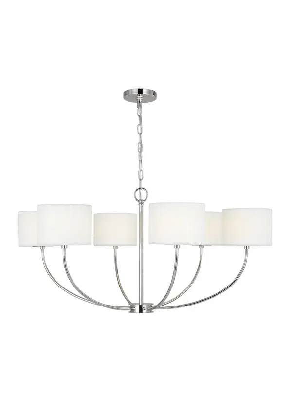 The Sawyer chandelier brings whimsical sophistication with its arched silhouette and graphically taped shades. A kate spade new york design that balances playful geometry with refined polished nickel finish, perfect for modern dining spaces.