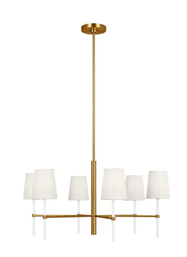 The Monroe chandelier brings 1950s atomic-era charm with a modern twist. Its graphic enameled metal design and white linen glass shades create a sophisticated yet playful statement piece perfect for contemporary and transitional spaces.
