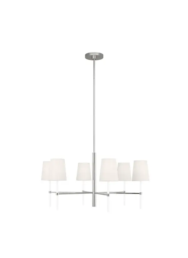 The Monroe chandelier brings playful 1950s atomic-era style to modern spaces with its clean geometric profile and polished nickel finish. Designer collaboration with kate spade new york delivers jewelry-inspired details and sophisticated charm.