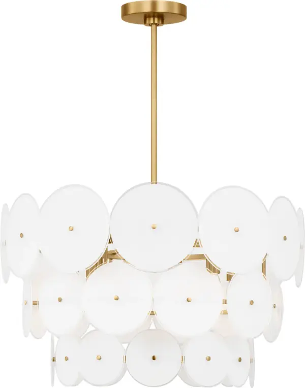 The Emery chandelier brings sophisticated glamour with cascading silk-screened glass discs that create visual movement and refined sparkle. Its burnished brass finish and 12-light configuration deliver both style and substantial illumination.