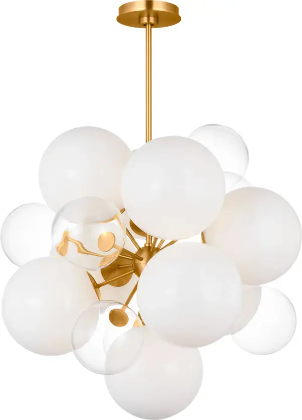 The Aria Medium Chandelier combines whimsical design with contemporary elegance through its cluster of clear and milk glass orbs radiating from a burnished brass core. Damp-rated for versatility.