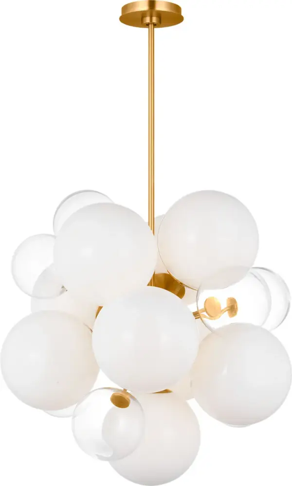 The Aria Medium Chandelier combines whimsical design with contemporary elegance through its cluster of clear and milk glass orbs radiating from a burnished brass core. Damp-rated for versatility. - alternate view