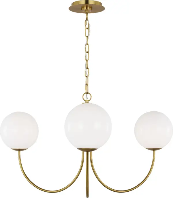 The Noemie Medium Chandelier combines classic mid-century design with modern sophistication. Three smooth milk glass orbs are gracefully suspended by curved Burnished Brass arms, creating refined visual balance and warm, luminous ambiance.
