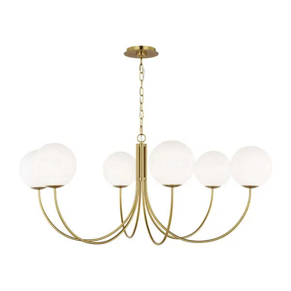 The Noemie Extra Large Chandelier combines generous scale with sophisticated mid-century design. Six milk glass orbs on gracefully arched brass arms create dramatic presence while delivering warm, inviting illumination perfect for grand spaces. - alternate view