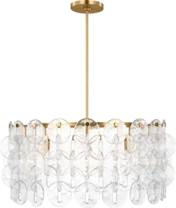 The Candace 32" Chandelier combines transitional elegance with contemporary clean lines. Its burnished brass finish adds warmth and sophistication to dining rooms and kitchen islands, making it a versatile choice for modern homes.