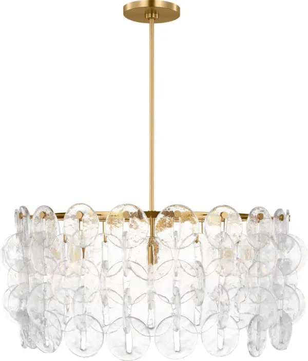 The Candace 32" Chandelier combines transitional elegance with contemporary clean lines. Its burnished brass finish adds warmth and sophistication to dining rooms and kitchen islands, making it a versatile choice for modern homes. - alternate view
