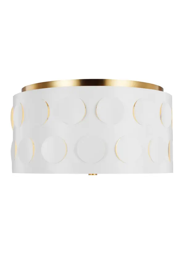 The Dottie flush mount brings kate spade's iconic dot motif to life through perforated metal, creating ambient light patterns. The burnished brass finish and etched glass diffuser deliver sophisticated style with a playful twist.