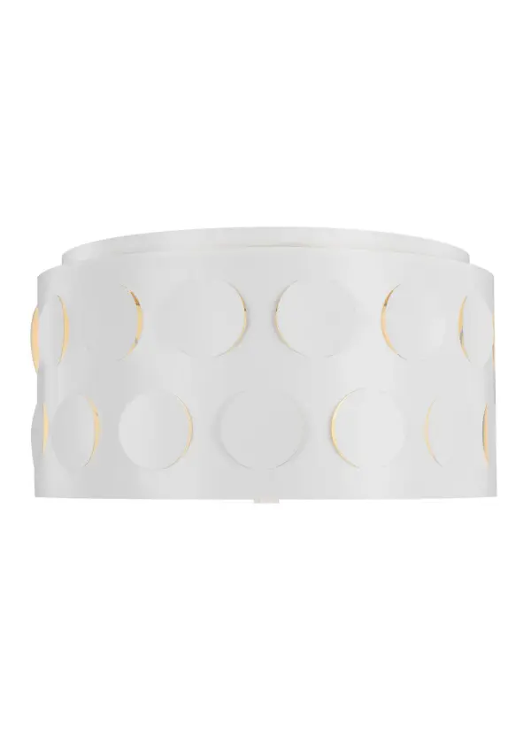 The Dottie flush mount brings kate spade's iconic dot motif to life through perforated metal, creating ambient light patterns. The matte white steel drum with etched glass diffuser offers gentle illumination perfect for transitional spaces.