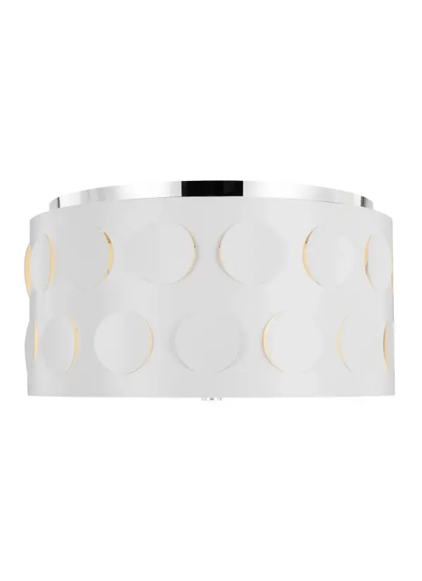 The Dottie flush mount brings kate spade's signature dot motif to life with perforated metal that creates ambient light patterns. The polished nickel finish and etched glass diffuser deliver a soft, sophisticated glow perfect for transitional spaces.