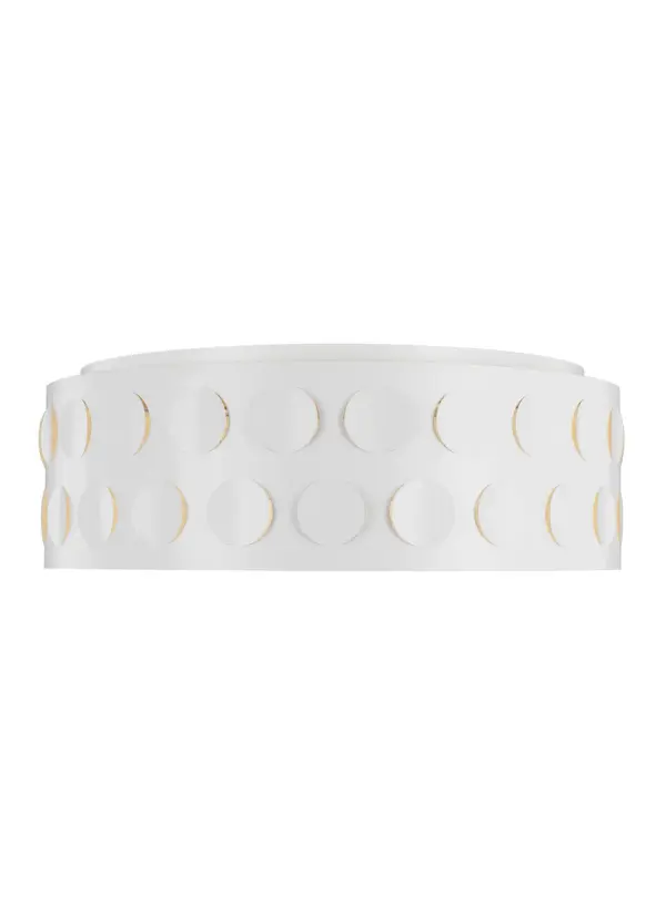 The Dottie flush mount brings kate spade's iconic dot motif to life through perforated metal, creating ambient light patterns. The 27-inch matte white steel drum with etched glass diffuser offers both style and function for transitional spaces.