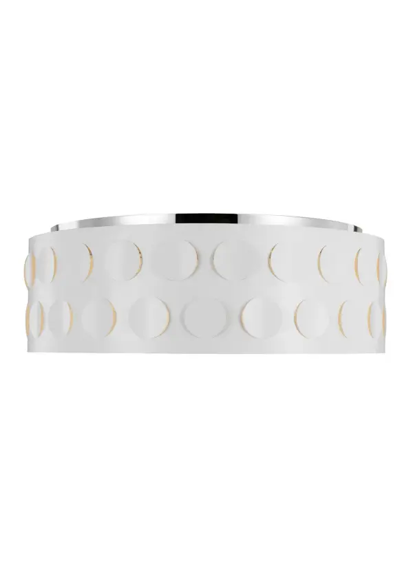 Kate spade new york's Dottie brings iconic dot motif to life through perforated metal, creating ambient light patterns. The 27-inch polished nickel drum with etched glass diffuser delivers sophisticated style with a playful twist.