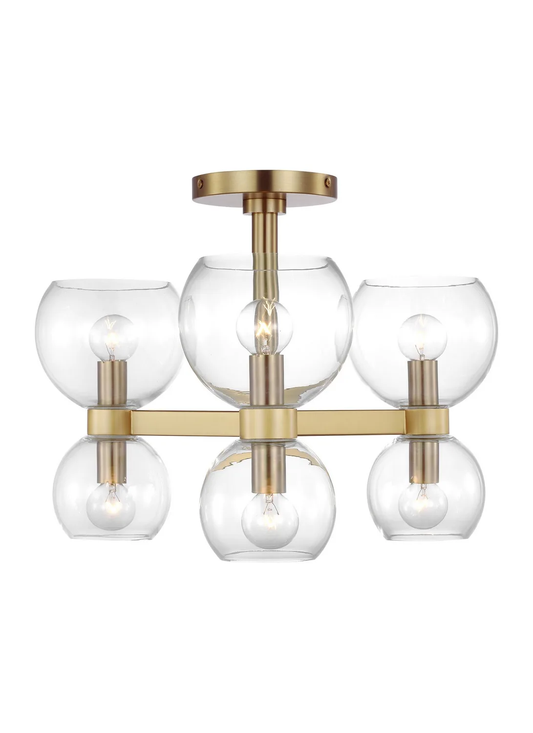 Londyn Six Light Semi Flush Mount in Burnished Brass with Clear Glass