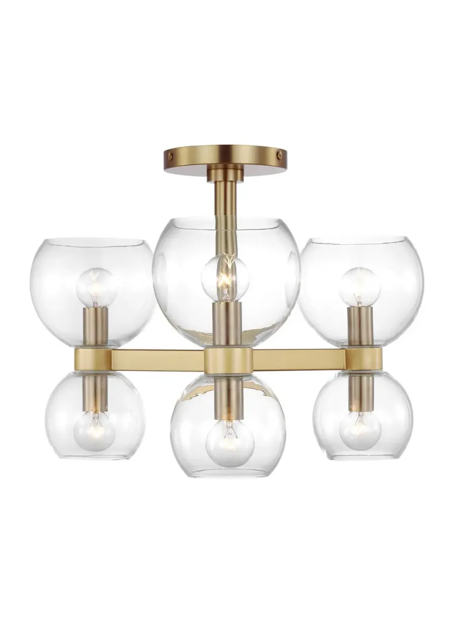 Londyn Six Light Semi Flush Mount in Burnished Brass with Clear Glass