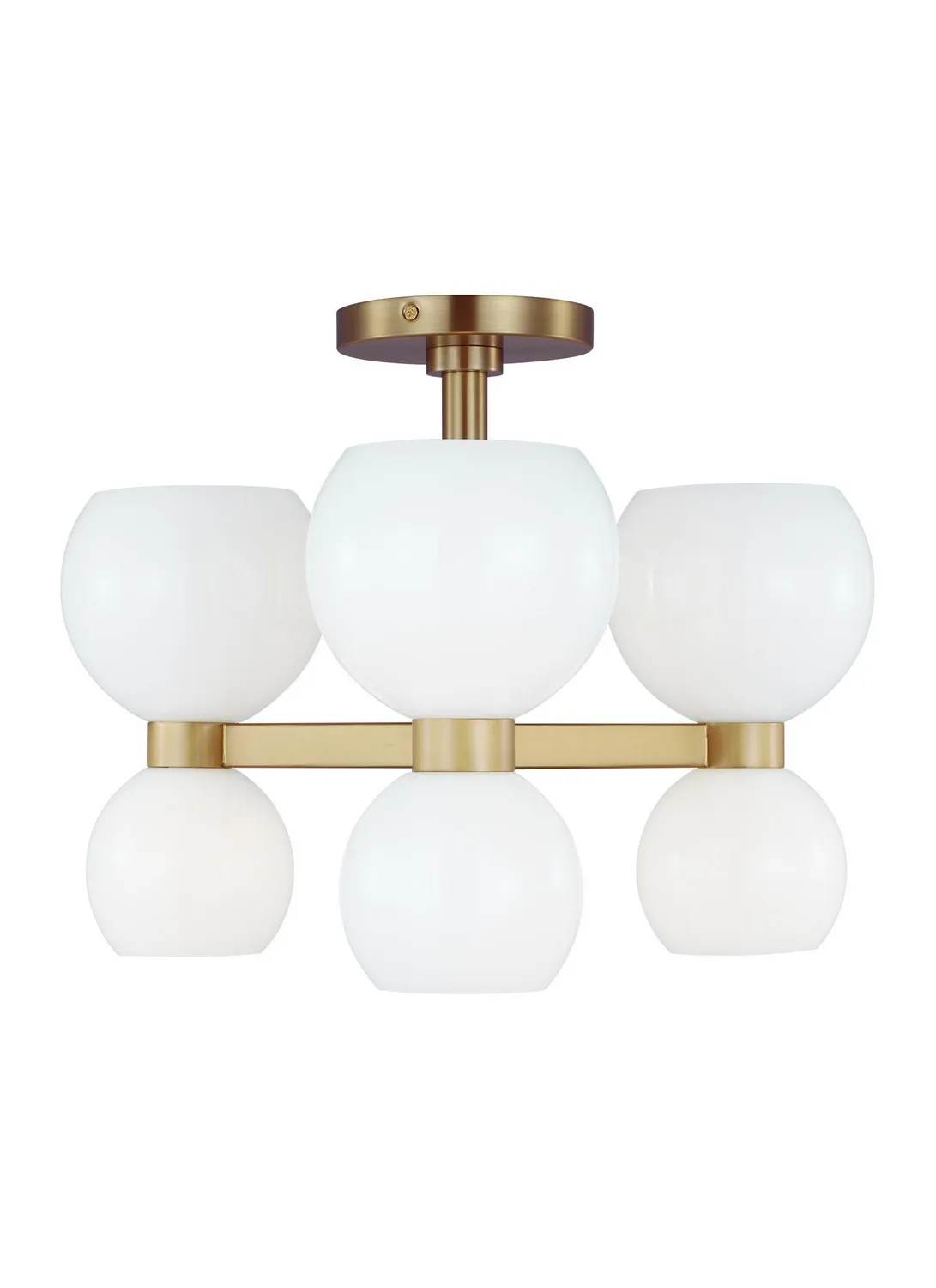 Londyn Six Light Semi Flush Mount in Burnished Brass with Milk White Glass