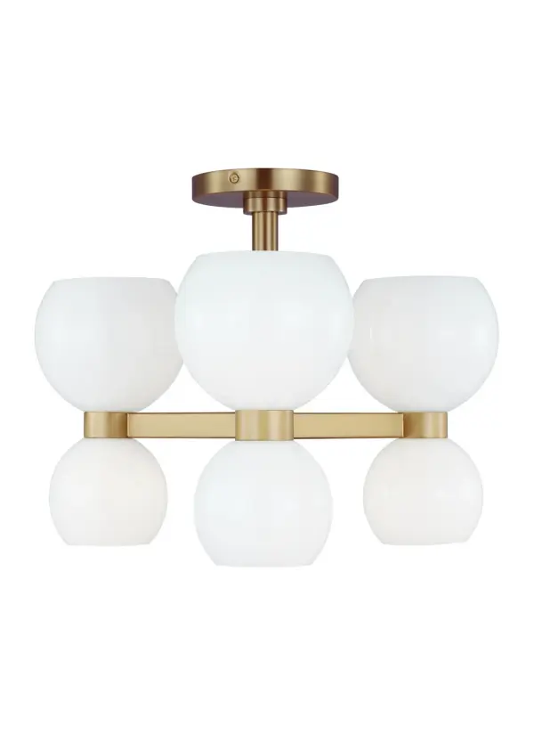 Londyn Six Light Semi Flush Mount in Burnished Brass with Milk White Glass