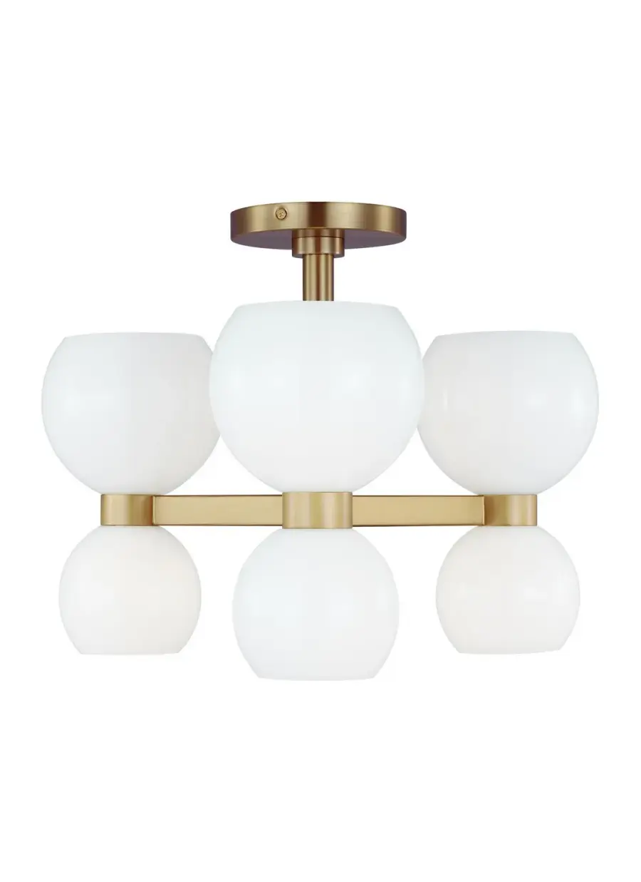 Londyn Six Light Semi Flush Mount in Burnished Brass with Milk White Glass