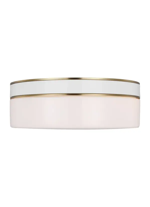 Kate Spade's Monroe brings playful mid-century charm to modern spaces with its graphic enameled metal design and warm brass finish. The compact 14-inch profile delivers style without sacrificing ceiling height.
