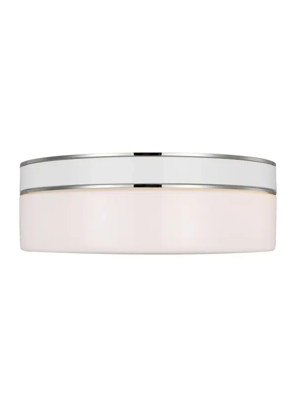 The Monroe flush mount brings 1950s atomic-era charm with a modern twist. Its polished nickel finish and milk white glass create a clean, sophisticated look perfect for low-ceiling spaces. Designer collaboration adds unique style.