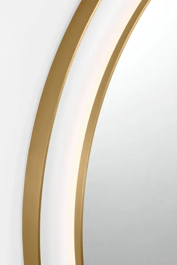 The Chopin illuminated mirror combines functional lighting with sophisticated design. Its 36-inch round profile and burnished brass frame add warmth and elegance to any space while providing even, flattering illumination. - alternate view