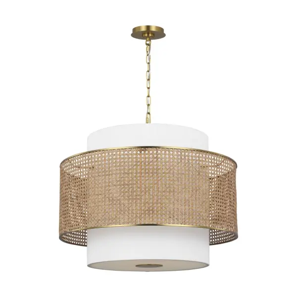 The Sawyer pendant brings Kate Spade's playful design sensibility to lighting with blonde rattan shades and graphic taped details. Its 26-inch width makes it perfectly scaled for dining spaces while adding warmth and texture.