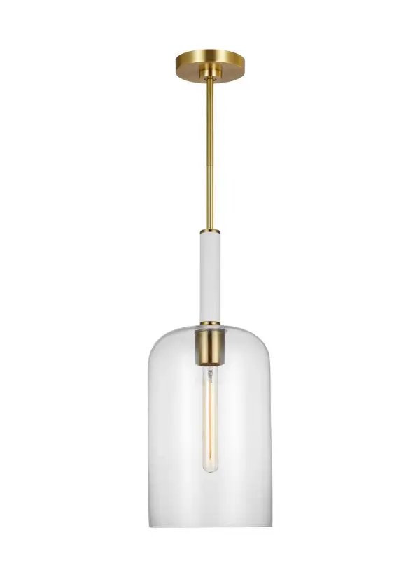 Kate Spade's Monroe pendant brings 1950s atomic-era charm to modern spaces with its graphic enameled metal and clear glass cylinder. The burnished brass finish adds warmth while maintaining clean lines perfect for kitchen islands or entryways.