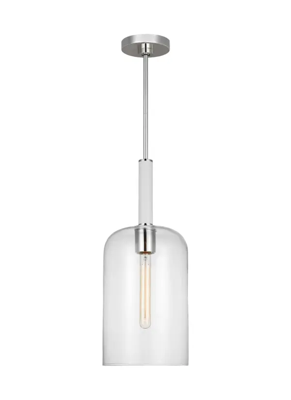 The Monroe pendant brings kate spade new york's signature graphic style to lighting with a polished nickel and clear glass cylinder design. Its compact 8.75" profile and adjustable height make it versatile for various spaces.