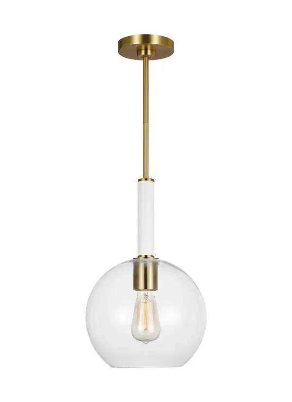 Kate Spade's Monroe pendant brings 1950s atomic-era charm to modern spaces with its graphic enameled metal design and clear glass globe. The burnished brass finish adds warmth while maintaining clean lines.
