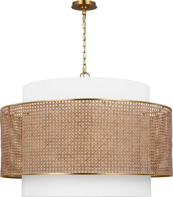 The Sawyer Extra Large Hanging Shade brings organic warmth and coastal elegance to grand spaces. Its handwoven blonde rattan construction creates beautiful light patterns while making a bold design statement. - alternate view
