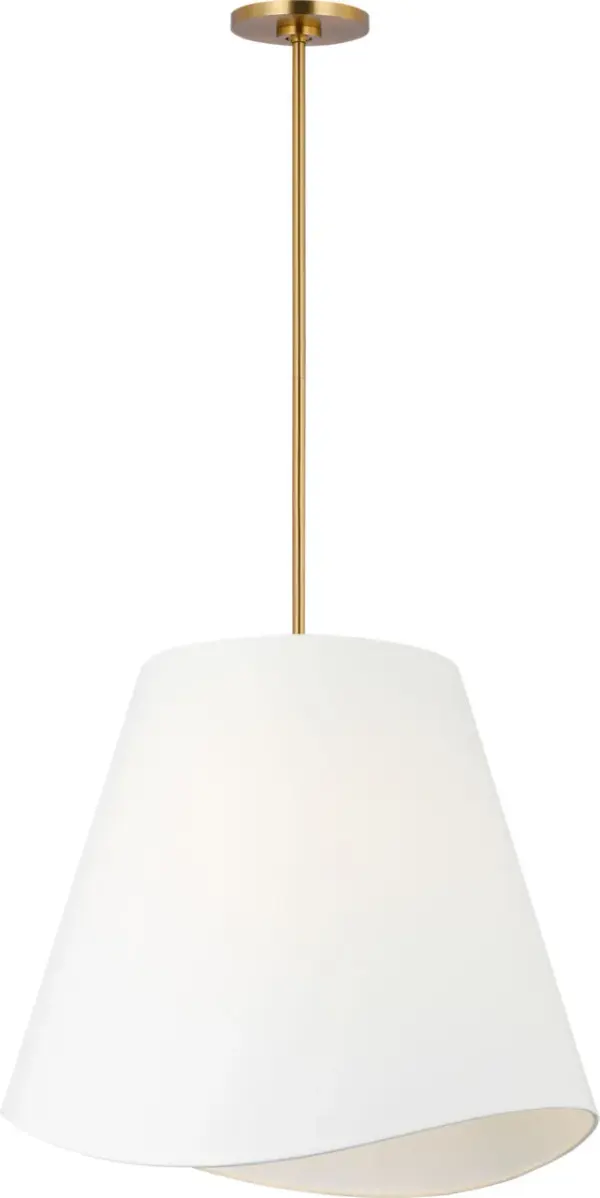 The Beauvoir 24" pendant combines classic drum styling with warm burnished brass finish, creating a sophisticated focal point. Its medium scale makes it versatile for dining rooms, kitchen islands, and entryways.