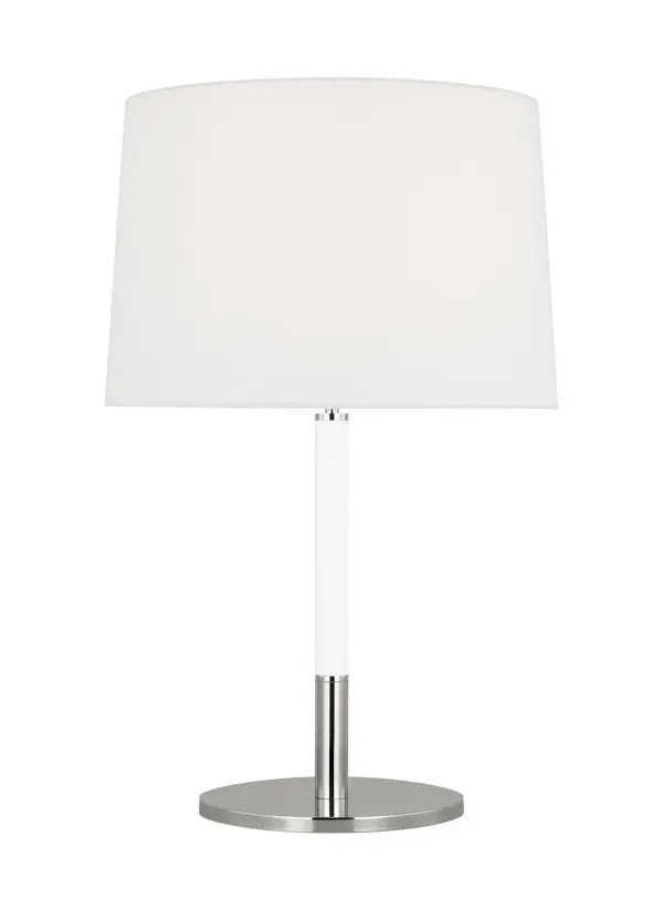 The Monroe table lamp brings 1950s atomic era design into modern spaces with its polished nickel finish and white linen shade. A kate spade new york collaboration that balances retro charm with contemporary sophistication.