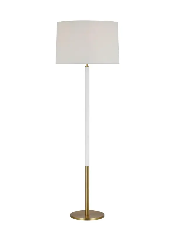 The Monroe floor lamp brings 1950s atomic era charm with modern functionality. Its burnished brass finish and white linen shade create warm, sophisticated lighting perfect for reading or ambient illumination.