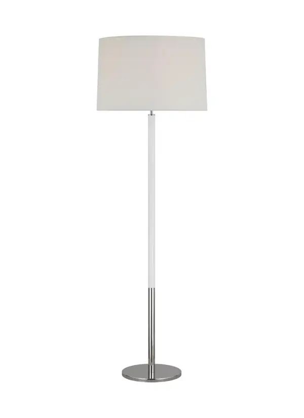 The Monroe floor lamp brings 1950s atomic era charm with a modern twist. Designed by kate spade new york, it features polished nickel finish with white linen shade and clean graphic lines inspired by vintage jewelry design.