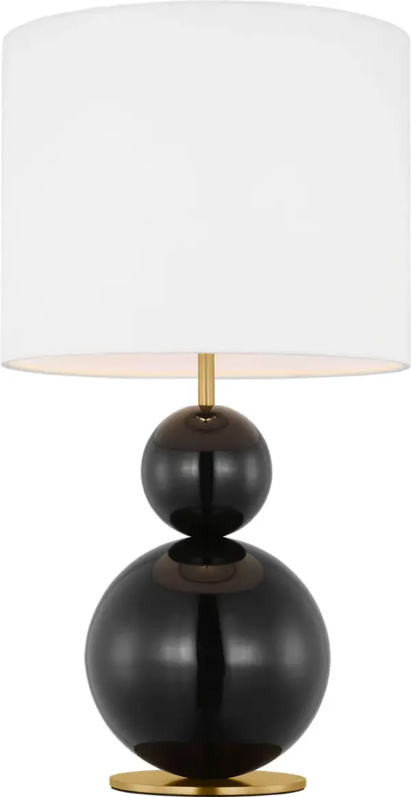 The Suki Medium Table Lamp transforms minimalist design with its stacked geometric metal forms and striking gloss black finish. The white linen drum shade softly diffuses light while the sculptural silhouette creates an artistic statement piece. - alternate view