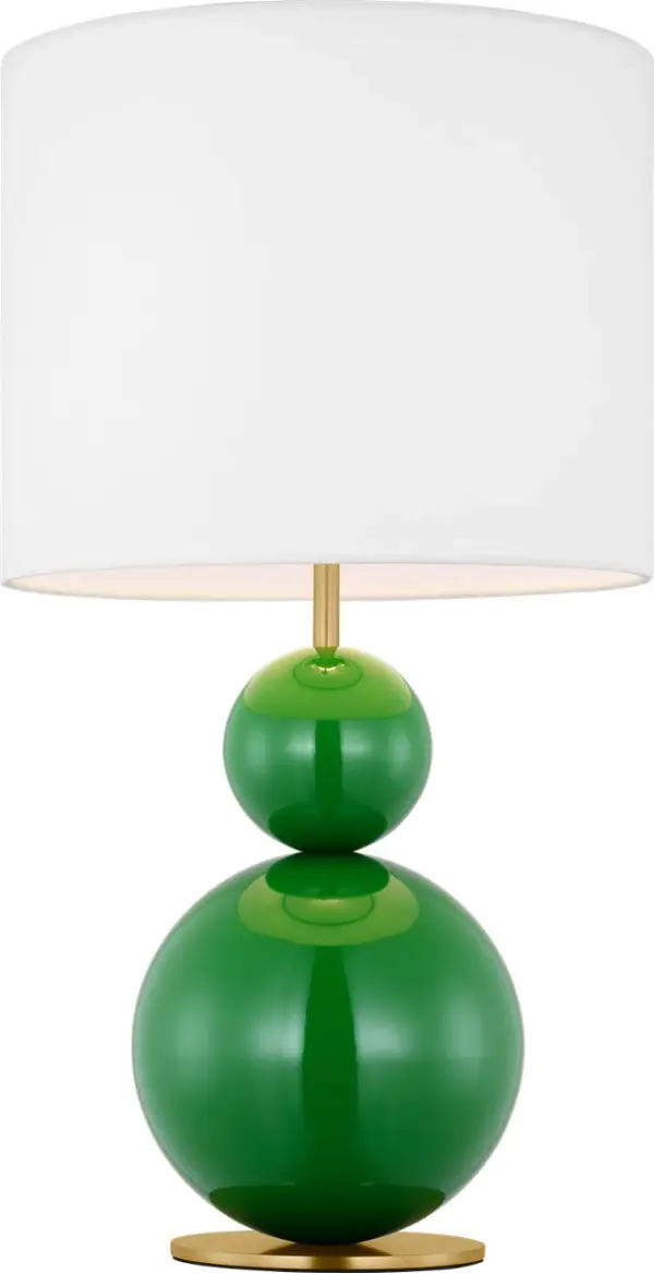 The Suki Medium Table Lamp by kate spade new york transforms minimalist design with its elegant stacked geometric forms and striking green finish. The sculptural metal base paired with a white linen drum shade creates a statement piece that brings artistic flair and warmth to any space. - alternate view
