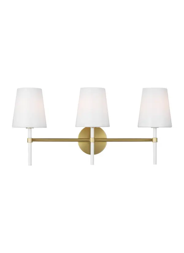 Kate Spade's Monroe collection brings playful mid-century charm to bathroom lighting. The burnished brass finish and milk white glass shades create a sophisticated yet approachable look that elevates everyday spaces.