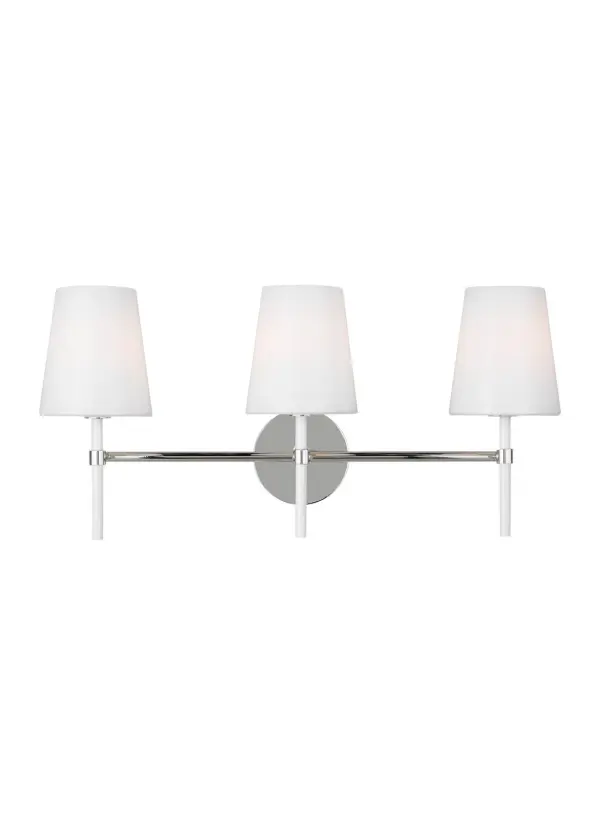 The Monroe vanity brings kate spade new york's signature style to bathroom lighting with its atomic-era inspired design. Polished nickel finish and milk white glass create a sophisticated yet playful look perfect for modern bathrooms.
